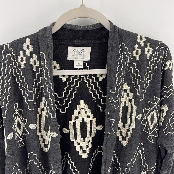 Lucky Lotus Lucky Brand boho southwestern embroidered open front cardigan sz M - Picture 2 of 6